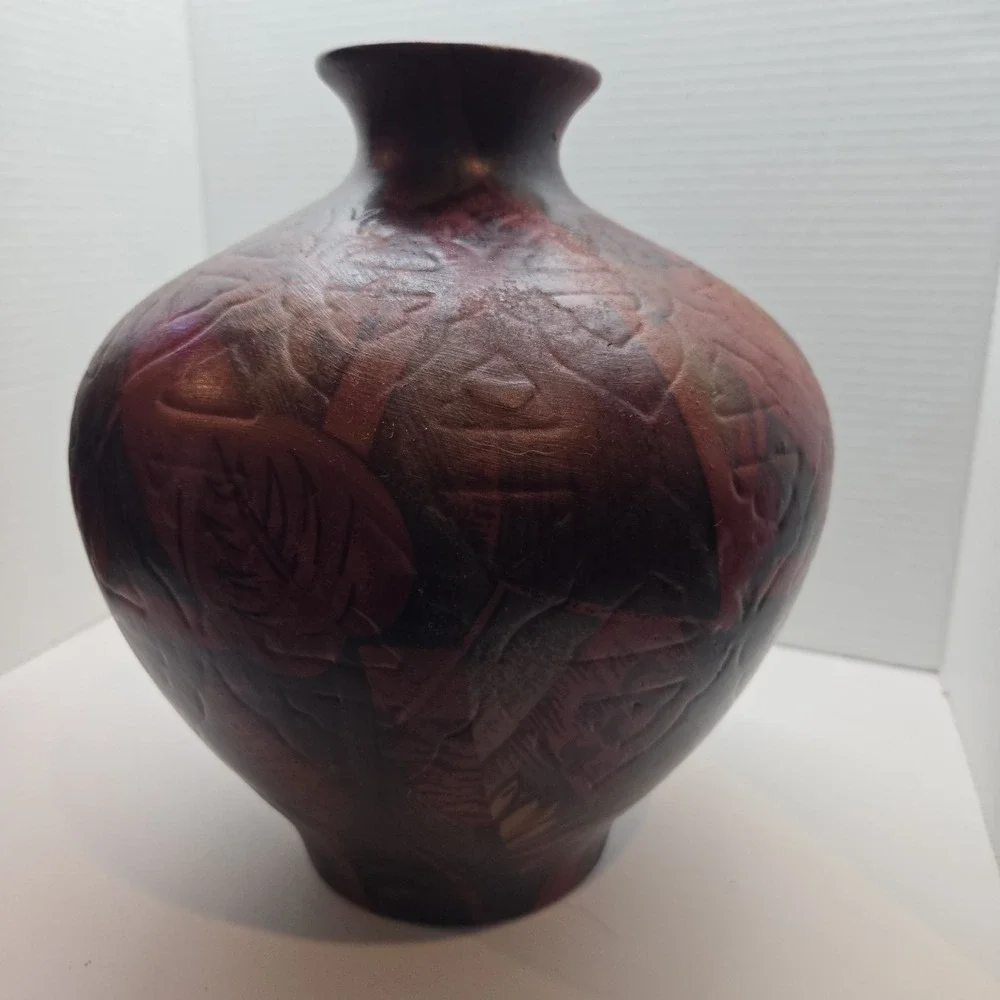 Vtg MCM Unique Art Deco Ceramic Large Balloon Vase‎ Red Brown Floral Pattern